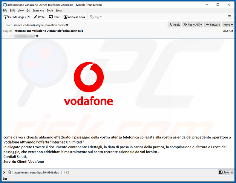 VodaFone-themed spam email spreading malicious Word doc (2021-03-02)