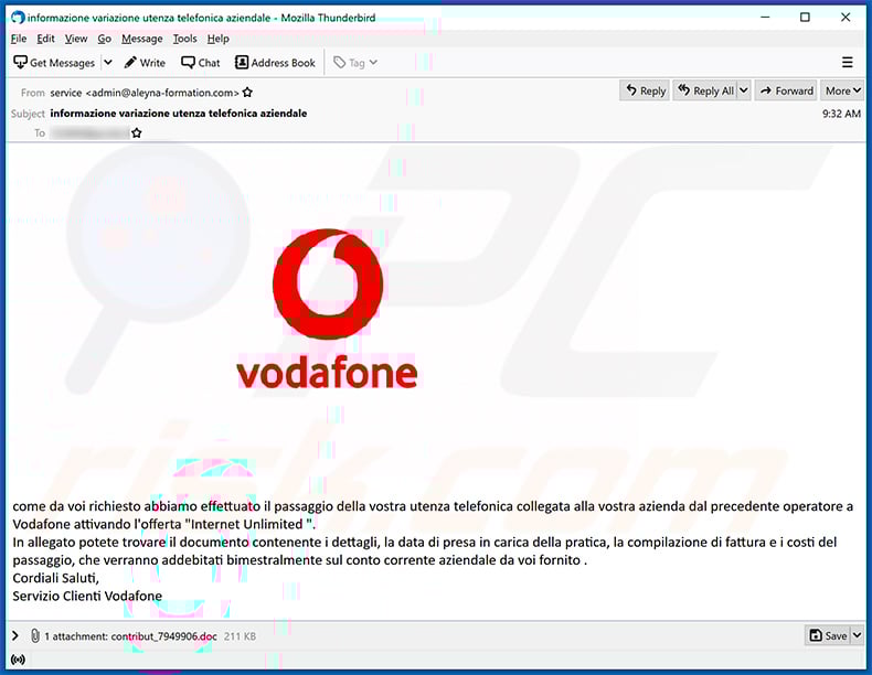 VodaFone-themed spam email spreading malicious Word doc (2021-03-02)