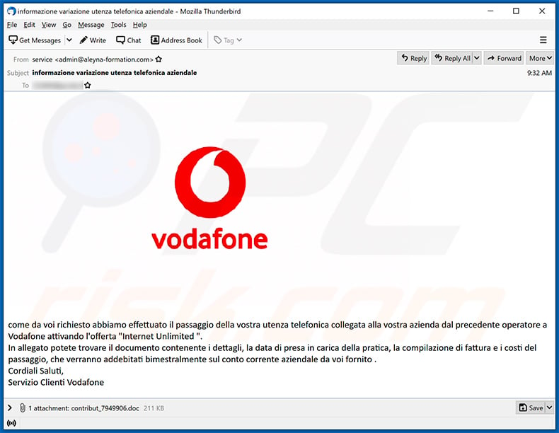 VodaFone-themed spam email spreading malicious Word doc (2021-03-02)