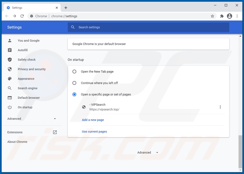 Removing vipsearch.guru from Google Chrome homepage