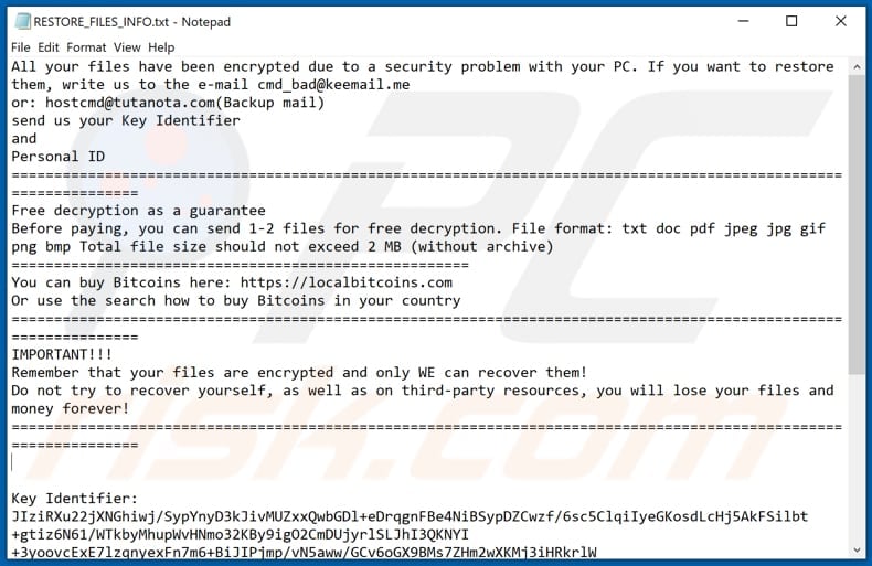 VIPxxx ransomware ransom-demanding message (RESTORE_FILES_INFO.txt)