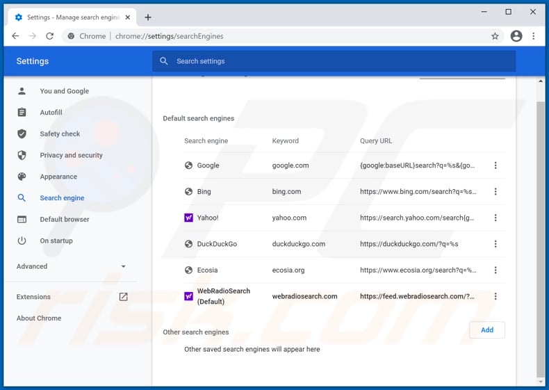 Removing webradiosearch.com from Google Chrome default search engine