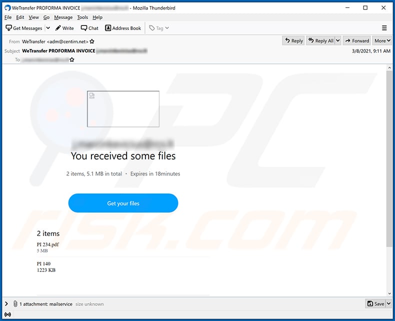 WeTransfer-themed spam email promoting a phishing site (2021-03-09)