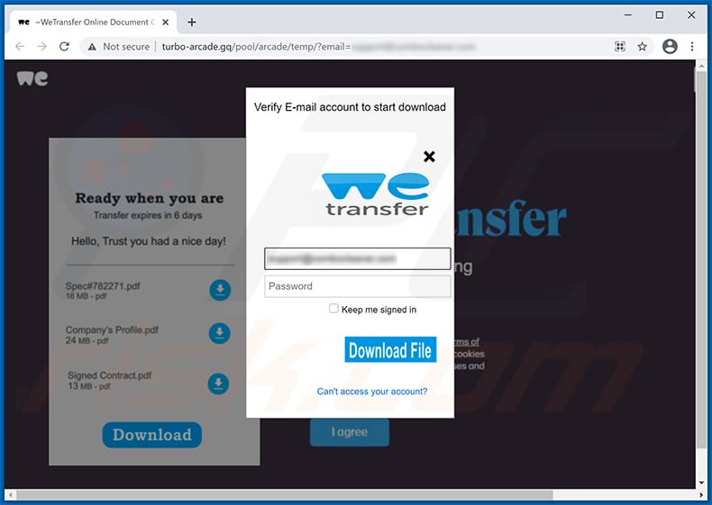 WeTransfer-themed phishing website promoted via spam emails