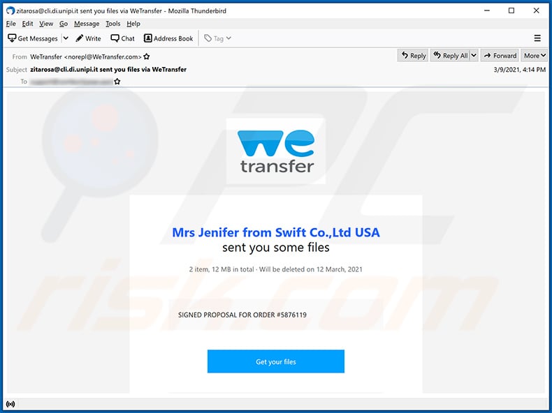 WeTransfer-themed spam email promoting a phishing website (2021-03-10)