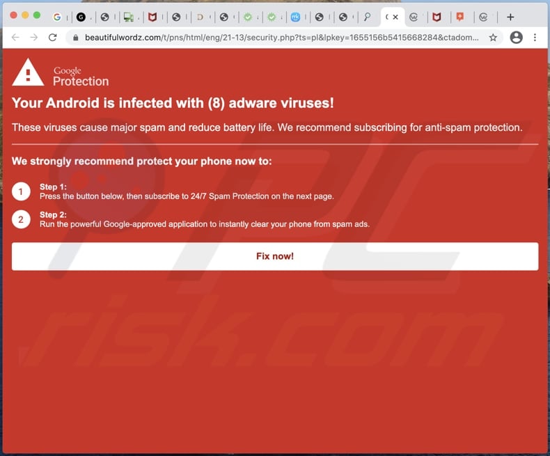 Your Android is infected with (8) adware viruses! scam background page