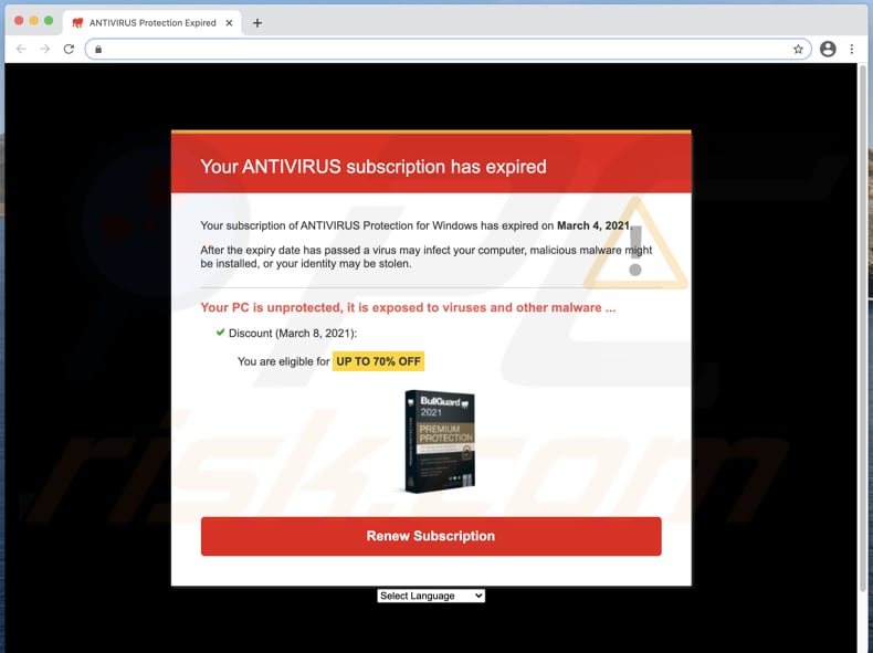 Your ANTIVIRUS subscription has expired scam