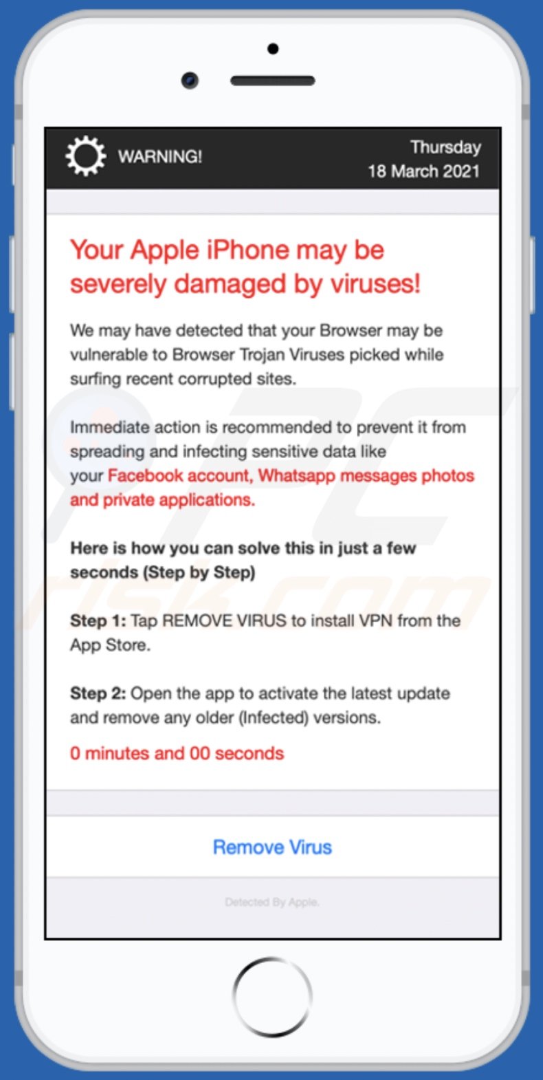 Your Apple iPhone may be severely damaged by viruses! scam background page