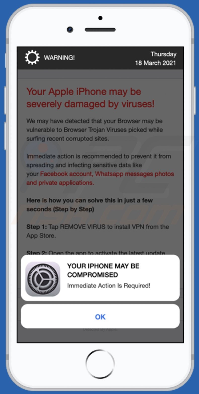 Your Apple iPhone may be severely damaged by viruses! scam pop-up