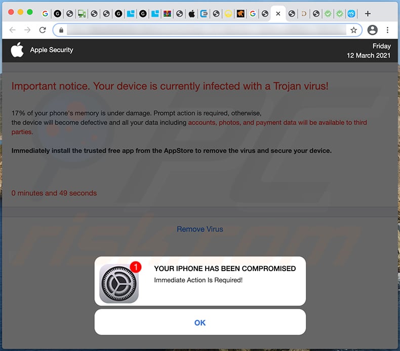 A variant of YOUR IPHONE HAS BEEN COMPROMISED pop-up scam (2021-03-15)
