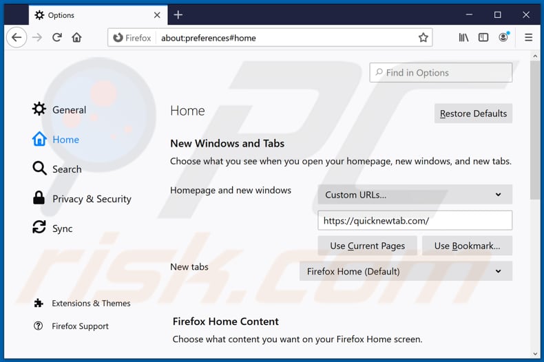 Removing quicknewtab.com from Mozilla Firefox homepage