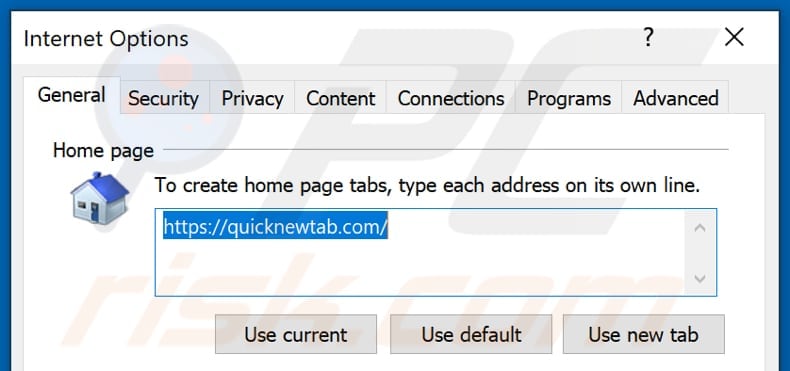 Removing quicknewtab.com from Internet Explorer homepage