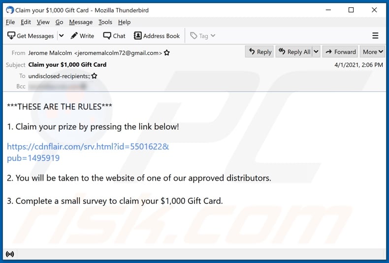 $1,000 Gift Card email spam campaign