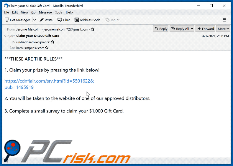 $1,000 Gift Card email scam promoting an untrustworthy website 1 (GIF)