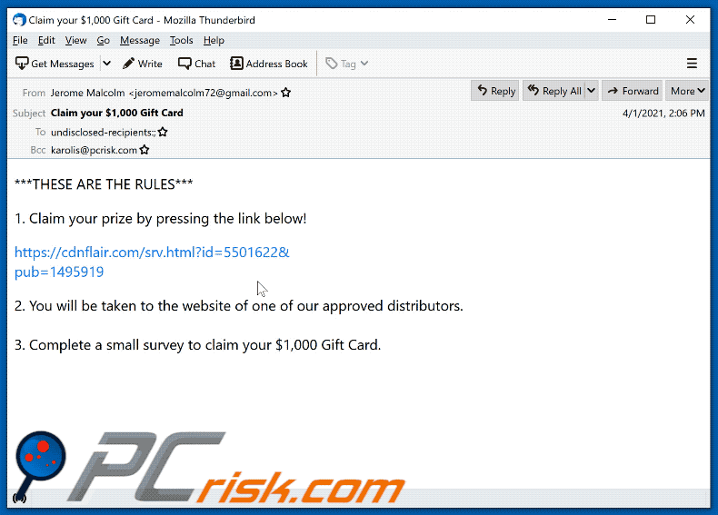 $1,000 Gift Card email scam promoting an untrustworthy website 2 (GIF)