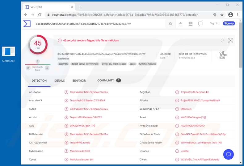 Adamantium Thief malware detections on VirusTotal