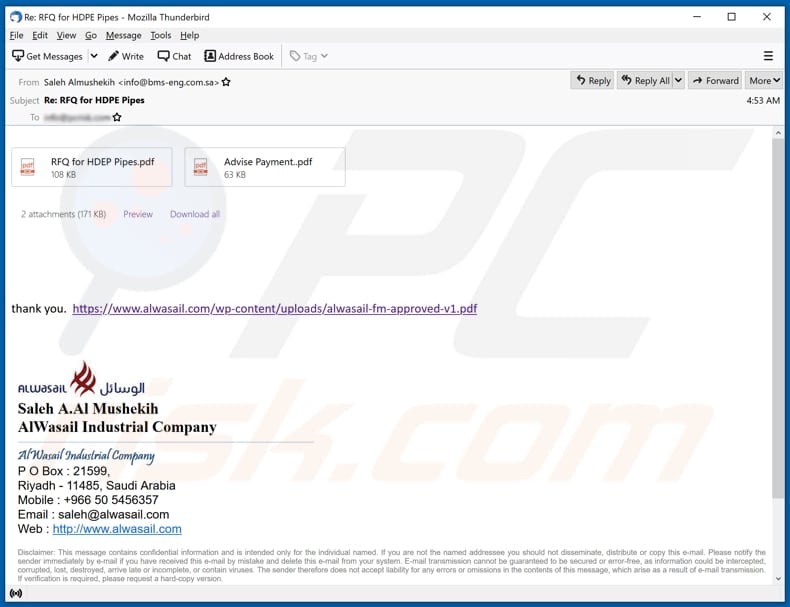AlWasail Industrial Company email scam email spam campaign