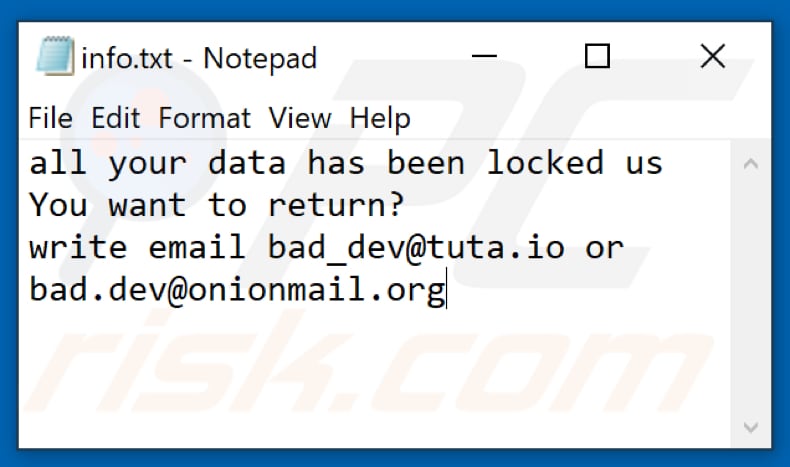 Bdev ransomware text file (info.txt)