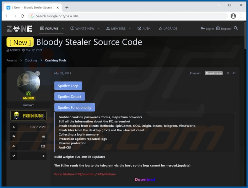 bloody stealer malware for sale on hacker forum