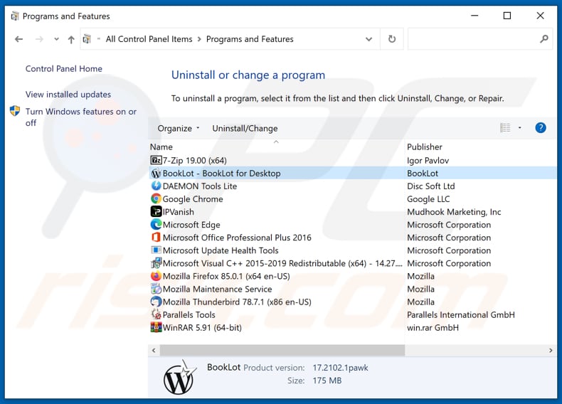 BookLot adware uninstall via Control Panel