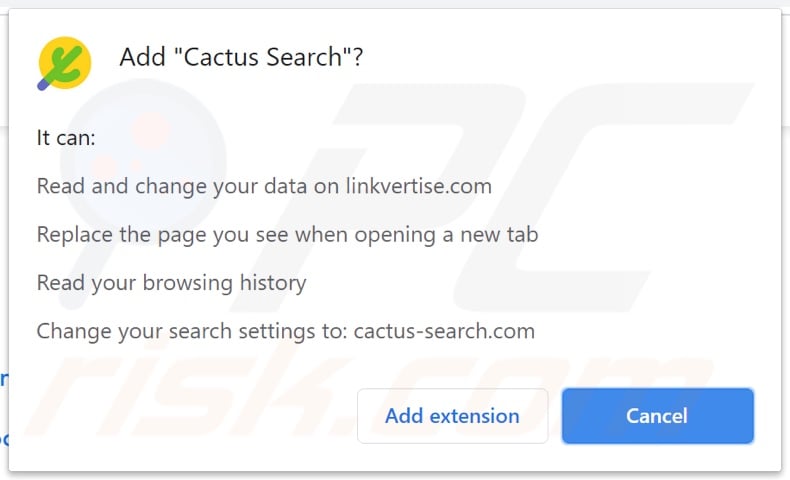Cactus Search browser hijacker asking for permissions