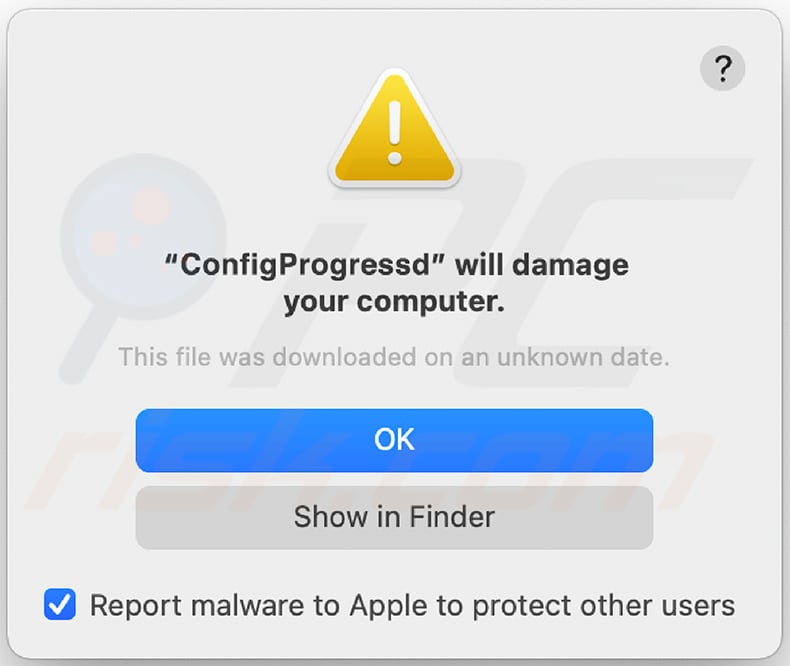 Pop-up displayed when ConfigProgress adware is installed
