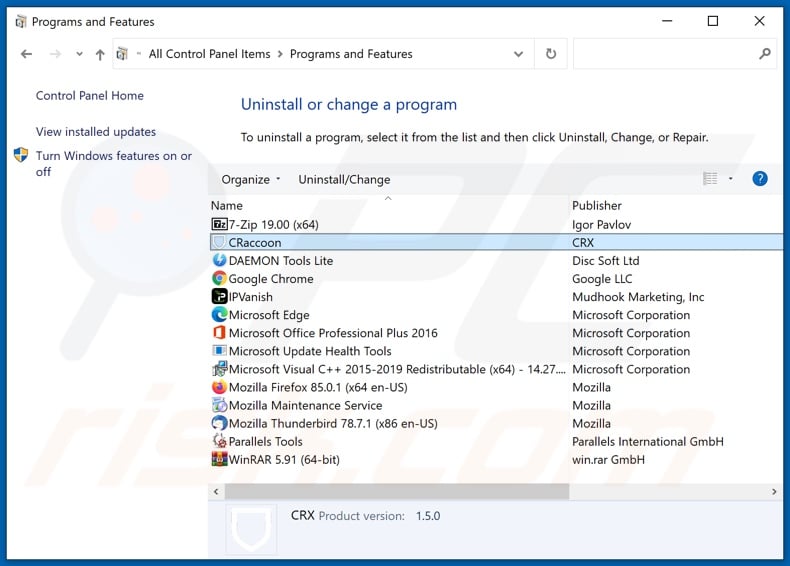 CRaccoon adware uninstall via Control Panel