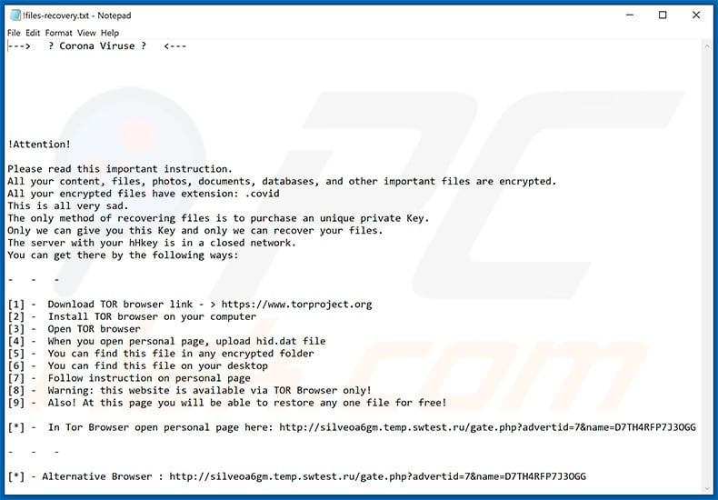 Decovid19bot ransom note (!files-recovery.txt)