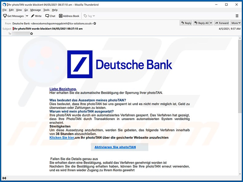 Deutsche Bank-themed spam email (2021-04-06)