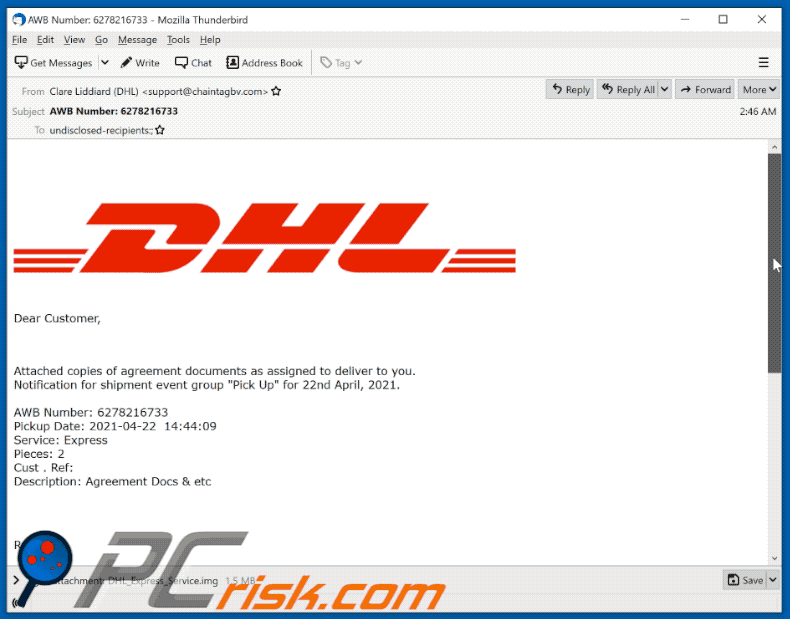 DHL-themed spam email spreading Agent Tesla trojan (2021-04-20)