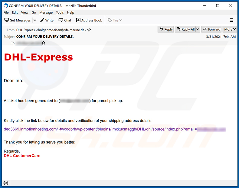 DHL Express-themed spam email promoting a phishing website (2021-04-01)