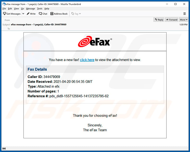 eFax-themed spam email spreading malware (2021-04-27)