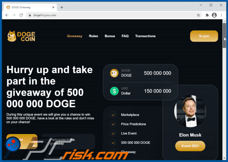 Elon Musk-themed Doge giveaway scam website - dogeforyou.com (2021-04-20)