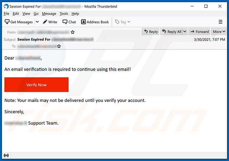 Email verification-themed spam email promoting a phishing website