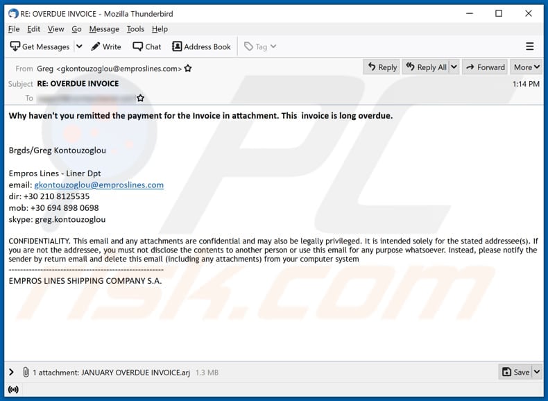 Empros Lines email virus malware-spreading campaign