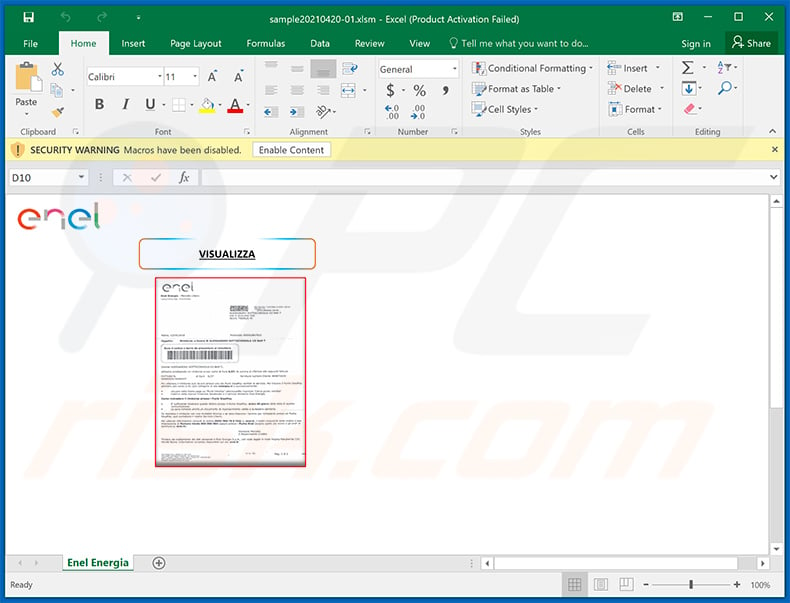 Enel-themed MS Excel document spreading Ursnif trojan