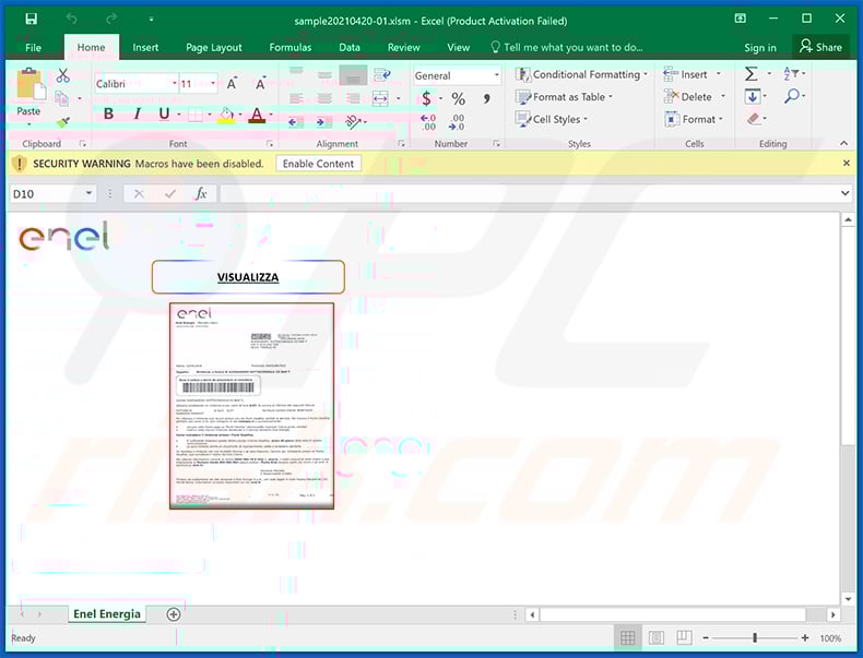 Enel-themed MS Excel document spreading Ursnif trojan