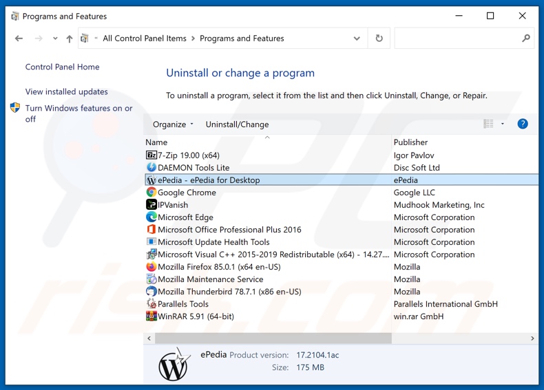 ePedia adware uninstall via Control Panel