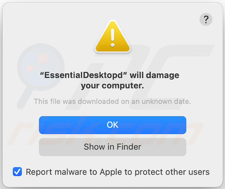 Pop-up displayed when EssentialDesktop adware is installed