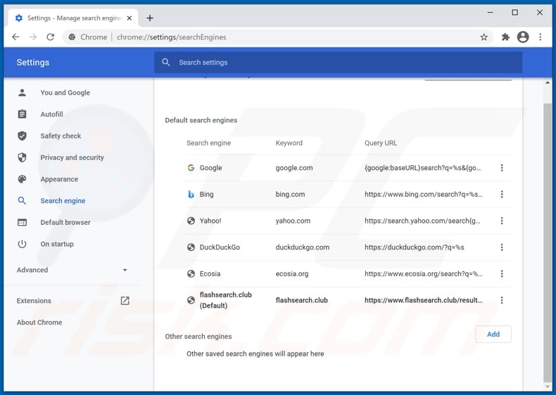 Removing flashsearch.club from Google Chrome default search engine