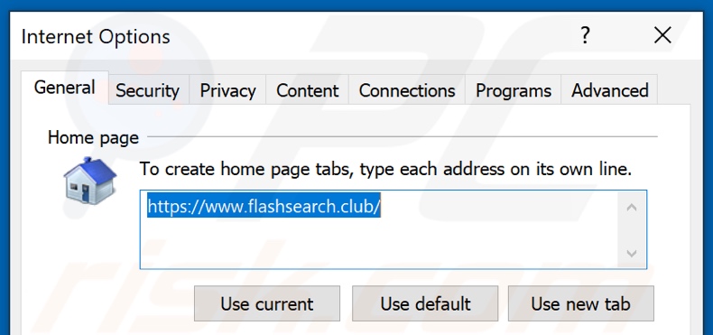 Removing flashsearch.club from Internet Explorer homepage