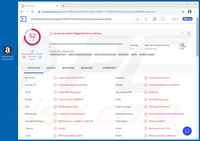 HackBoss malware detections on VirusTotal