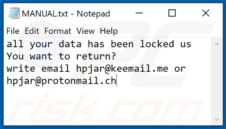 HPJ ransomware text file (MANUAL.txt)