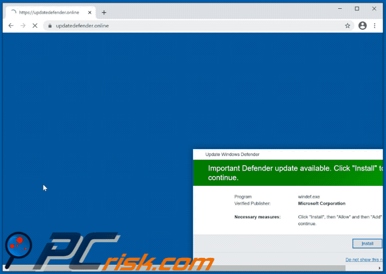 Appearance of Important Defender update available scam (GIF)