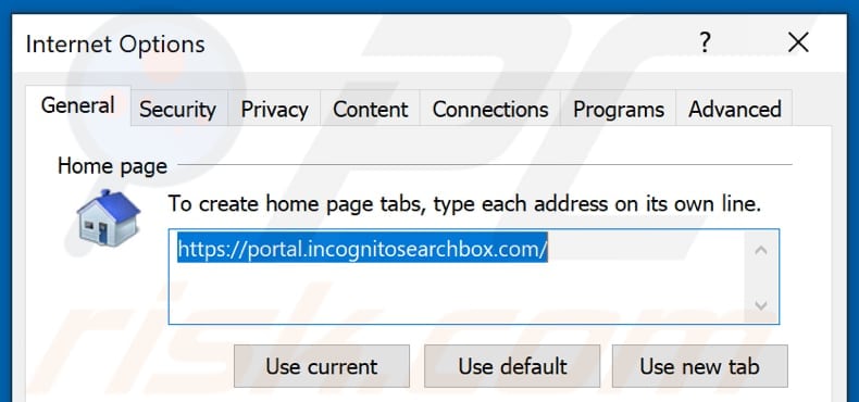 Removing incognitosearchbox.com from Internet Explorer homepage