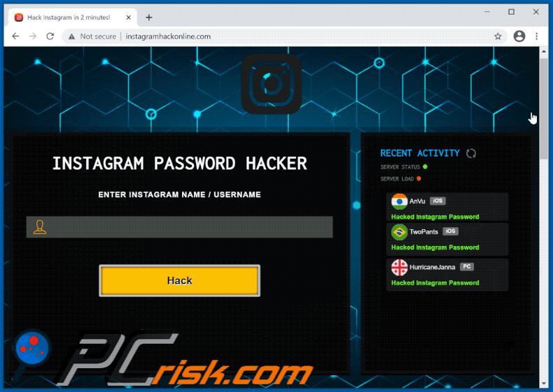 Appearance of Instagram Password Hacker scam (GIF)