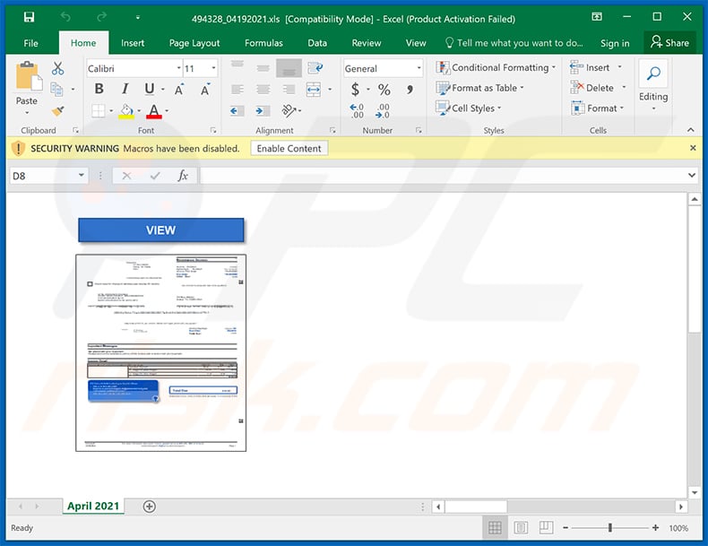 Malicious MS Excel document distributed via Intuit QuickBooks-themed spam email (2021-04-20)