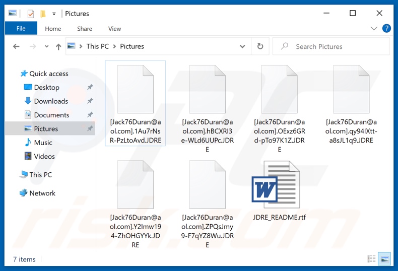 Files encrypted by JDRE ransomware ([Jack76Duran@aol.com].[random_string].JDRE - renaming pattern)