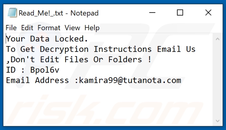 Kamira99 ransomware text file (Read_Me!_.txt)