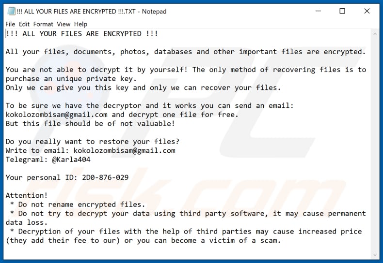Karla404 decrypt instructions (!!! ALL YOUR FILES ARE ENCRYPTED !!!.TXT)